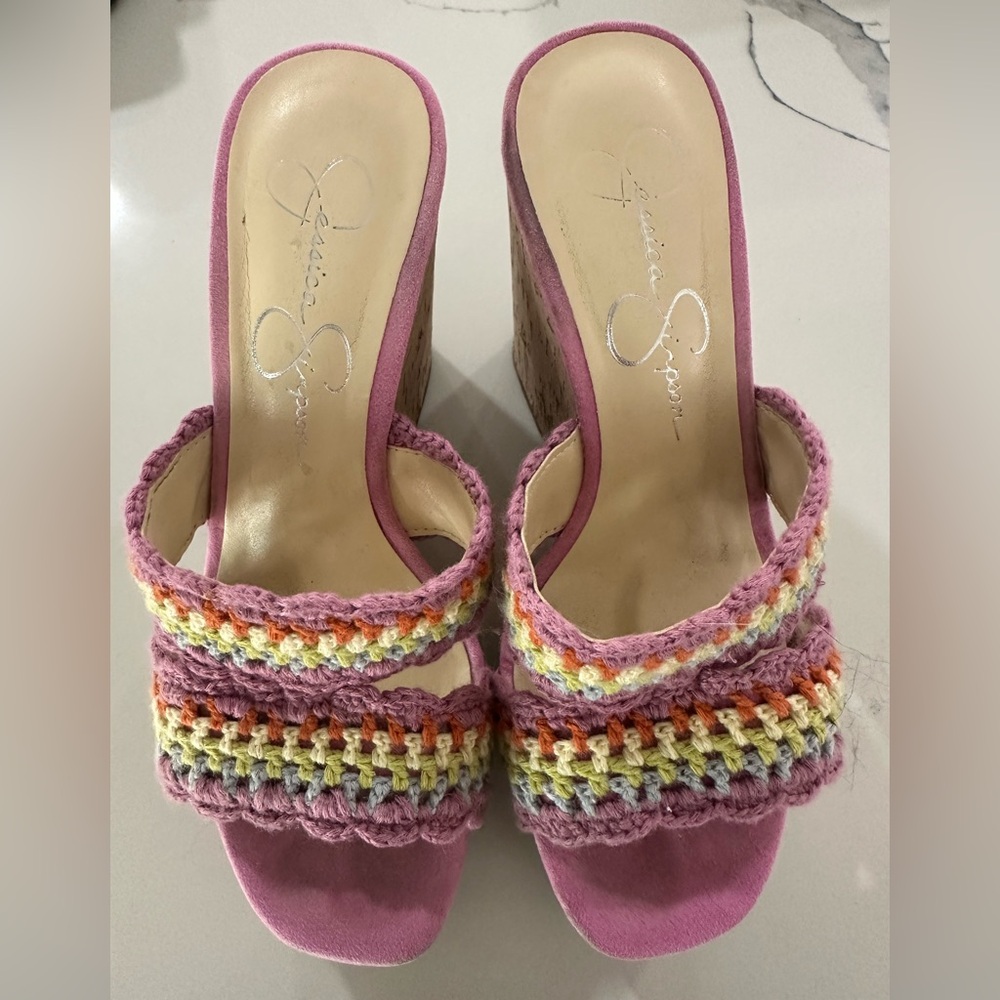 Jessica Simpson Lavender Crochet Rainbow Strap Slide Mules